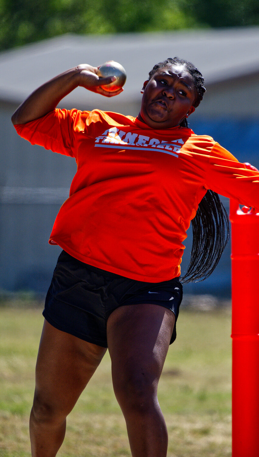 Zion Oladjide threw the shot 28'11" to nab a silver medal. She won the discus competition, topping the podium for a Mineola sweep with teammates Callie Black and Makena Quiambao. [see more speed and strength on display]